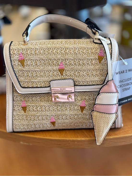 BCBGeneration Handbags - BCBGeneration Pink & Natural Straw Top-Handle Ice Cream Embroidered Bag